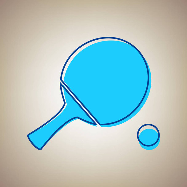 Tischtennispaddel mit Ball. Vektor. himmelblaues Symbol mit übergelaufener blauer Kontur auf beigem Hintergrund. - Vektor, Bild