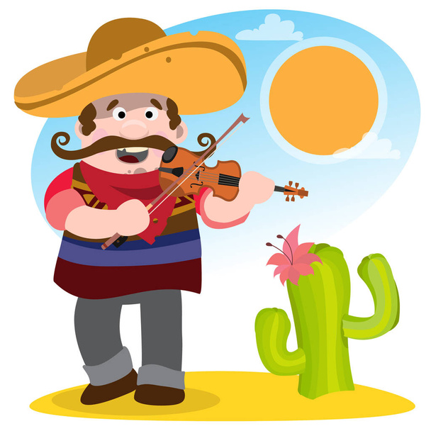 Mariachi in sombrero and with a violin. - Vector, Image