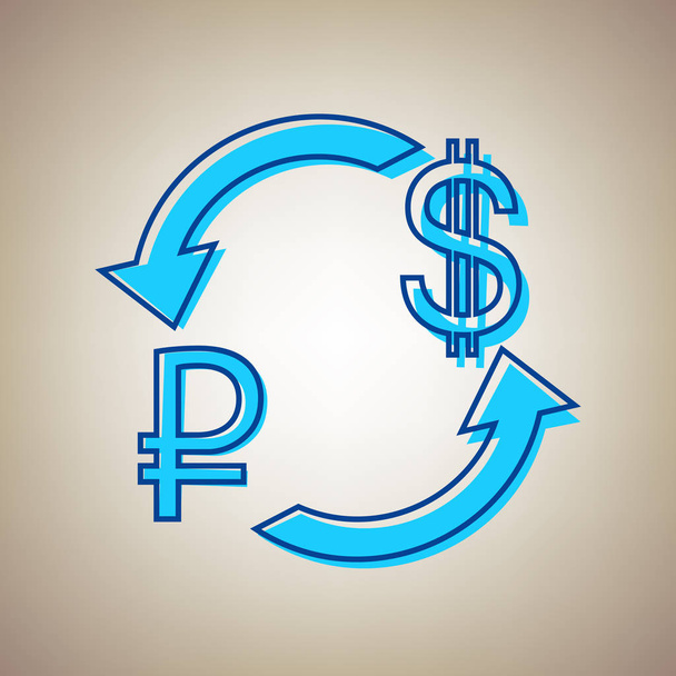 Currency exchange sign. Ruble and US Dollar. Vector. Sky blue icon with defected blue contour on beige background. - Vector, Image
