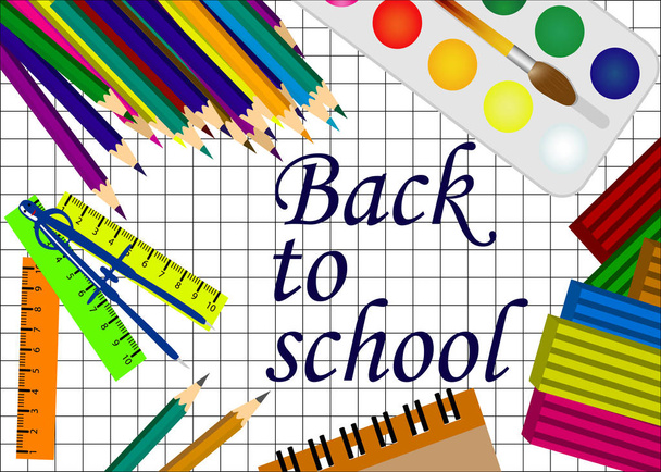 back to school white background with pencils and school tools - Vector, Image