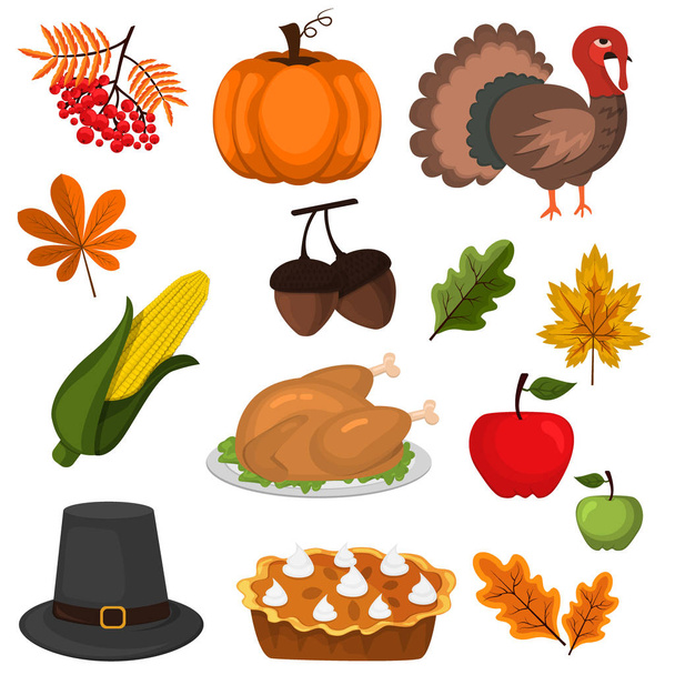 Happy Thanksgiving Celebration Design cartoon autumn greeting harvest season holiday icons vector illustration. - Vector, Image