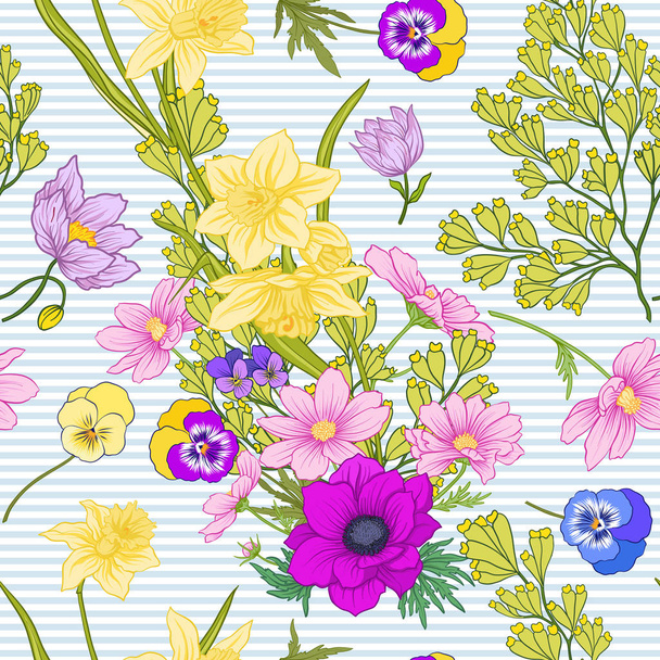 Seamless pattern with poppy flowers, daffodils, anemones, violet - Vektor, kép