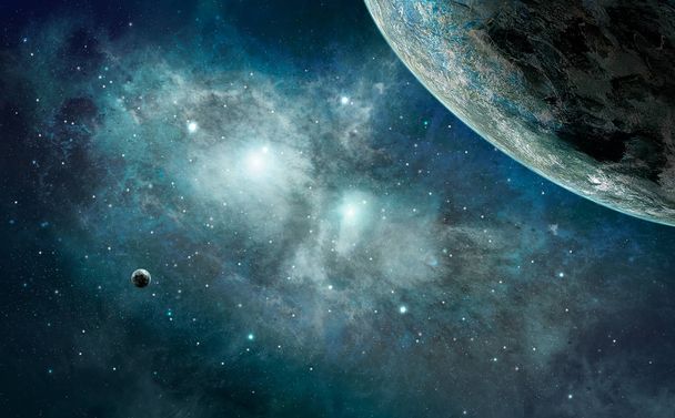 Escena espacial. Nebulosa azul con planeta. Elementos proporcionados por la NASA
 - Foto, Imagen