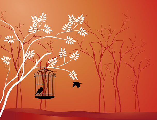 Ilustración pájaro volador con un amor por el pájaro en la jaula
 - Vector, Imagen