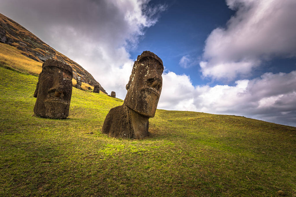 Рану Рараку, остров Пасхи - 10 июля 2017 года: Моаи статуи Рану
 - Фото, изображение