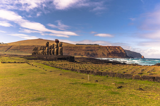Ahu Tongariki, Easter Island - July 10, 2017: Moai altar of Tongariki - Photo, Image