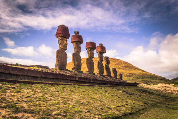 Anakena beach, Easter Island - July 10, 2017: Moai altar of Anakena - Photo, Image