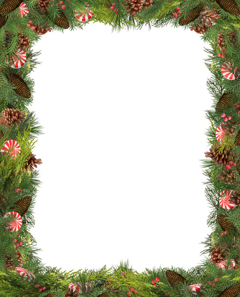 Kerst Frame van dennenappels, takken en pepermunt - Foto, afbeelding