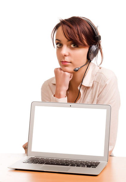 Woman with headset and blank computer screen - Photo, Image