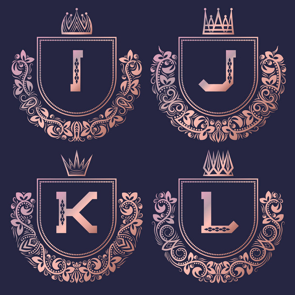 Rose gold coat of arms set in baroque style. Vintage logos with I, J, K, L monogram. - Vector, Image