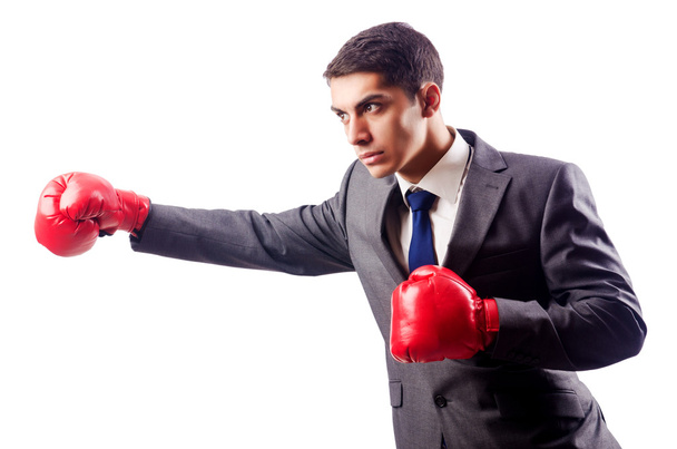 Empresario con guantes de boxeo en blanco
 - Foto, imagen