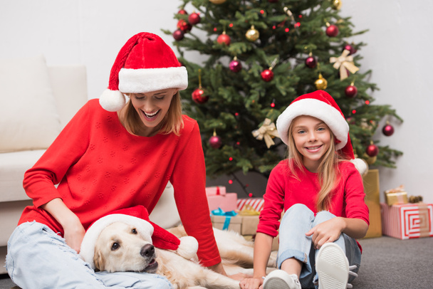 mother, daughter and dog at christmastime - 写真・画像