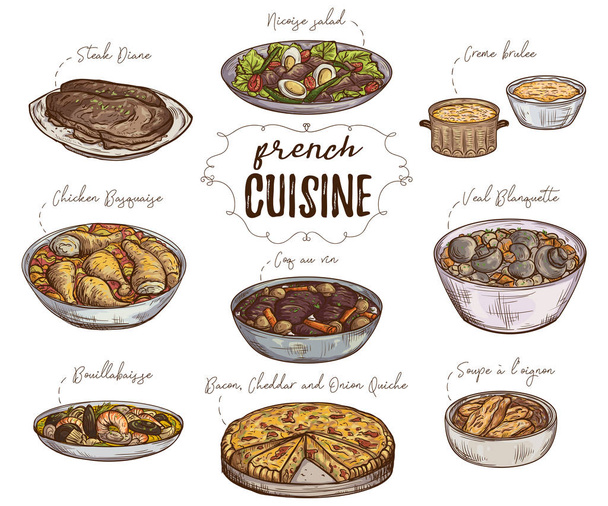 French cuisine. Collection of delicious food. Isolated elements. Concept design for decoration restaurants, menu. Vintage hand drawn vector illustration - Vector, Image