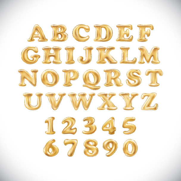 English alphabet and numerals from yellow Golden balloons on a white background. holidays and education - Vektor, Bild