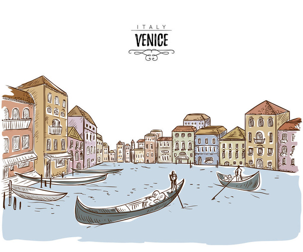 Venedik. Cityscape, kanal ve tekneler ile. Vintage vektör çizim kroki tarzı - Vektör, Görsel