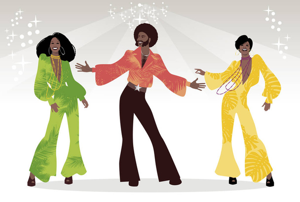 Soul Party Time. Groupe d'hommes et deux filles dansant âme, funk ou disco. Style rétro
. - Vecteur, image
