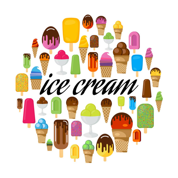 Set of colorful ice cream in circle. Black inscription ice cream in center - Vektör, Görsel