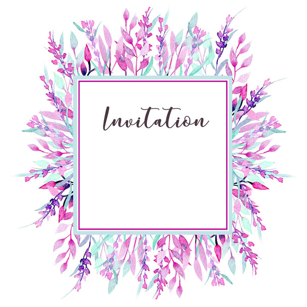 Frame border with simple watercolor pink branches, leaves and lavender - Photo, Image