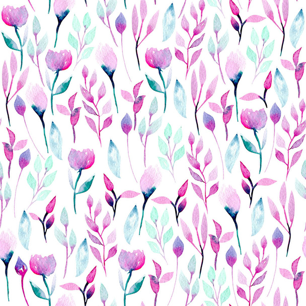 Seamless pattern with watercolor abstract pink and purple wildflowers and plants - Фото, изображение