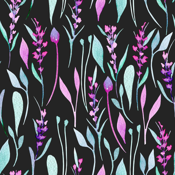 Seamless pattern with watercolor simple lavender, purple and mint plants - Photo, Image