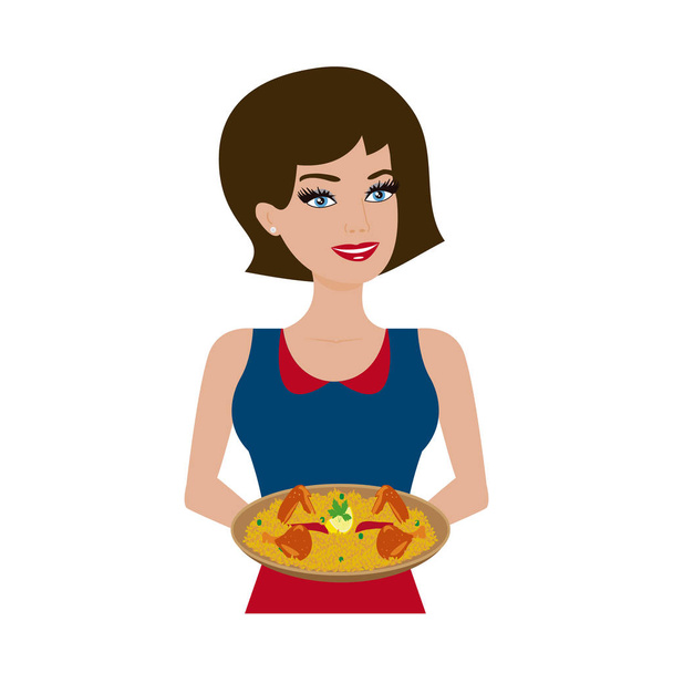 Donna con piatto di riso con pollo
 - Vettoriali, immagini