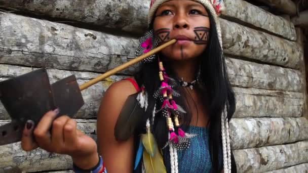 Indigenous Woman Smoking Pipes in a Tupi Guarani Tribe, Brazil - Footage, Video