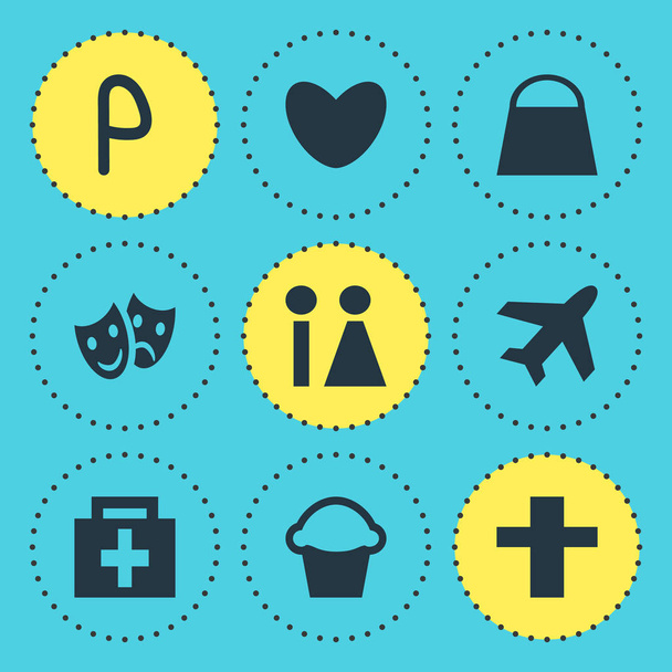 Vector Illustration Of 9 Location Icons. Editable Pack Of Masks, Car Park, Cake And Other Elements. - Vecteur, image
