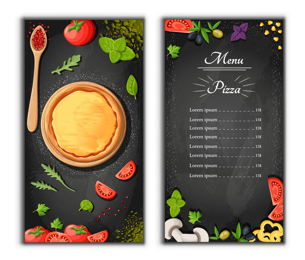 Pizza menu tabule kreslené pozadí s čerstvými ingrediencemi vektorové ilustrace pizzerie leták vektorové pozadí. Dvě svislé bannery s textem ingredience na dřevěné pozadí a tabule. - Vektor, obrázek