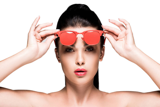 woman in red painted sunglasses - Photo, Image