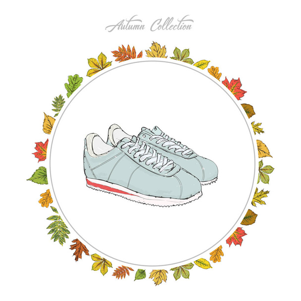 Sneakers. Hand draw shoes. Autumn collection. Frame of autumn le - Vector, Image