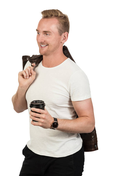 Smiling man with take away mug - Фото, зображення