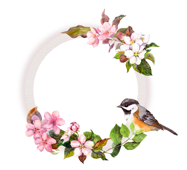 Floral wreath - flowers and bird. Watercolor round border - Foto, Imagen