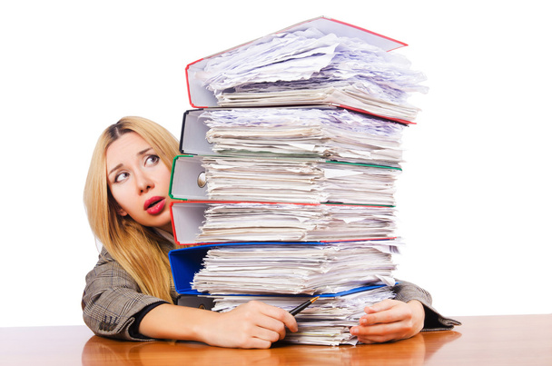 Busy woman with stacks of paper - Φωτογραφία, εικόνα