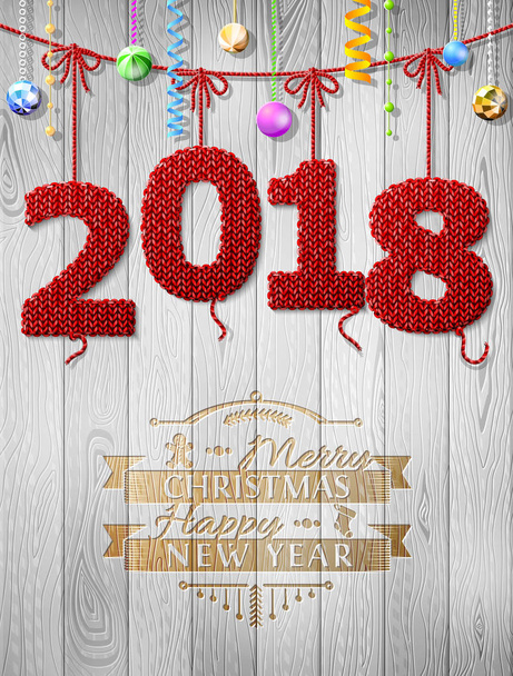 New Year 2018 knitted fabric as christmas decoration - Vector, Image