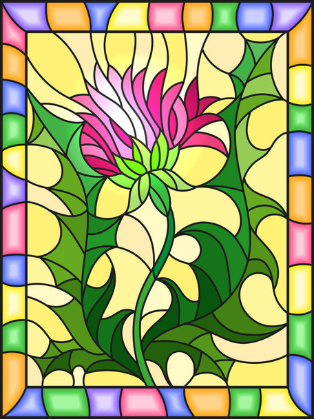 Illustration in stained glass style flower of a pink Thistle on a yellow background in a bright frame - Vector, Image