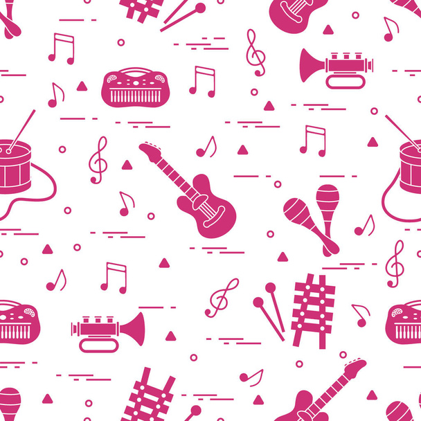 Vector pattern of sheet music and different musical toys: guitar - Vector, Image