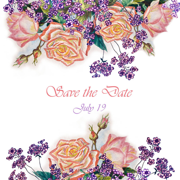 Fiori rosa con foglie, acquerello, matrimonio illustrazione
 - Foto, immagini