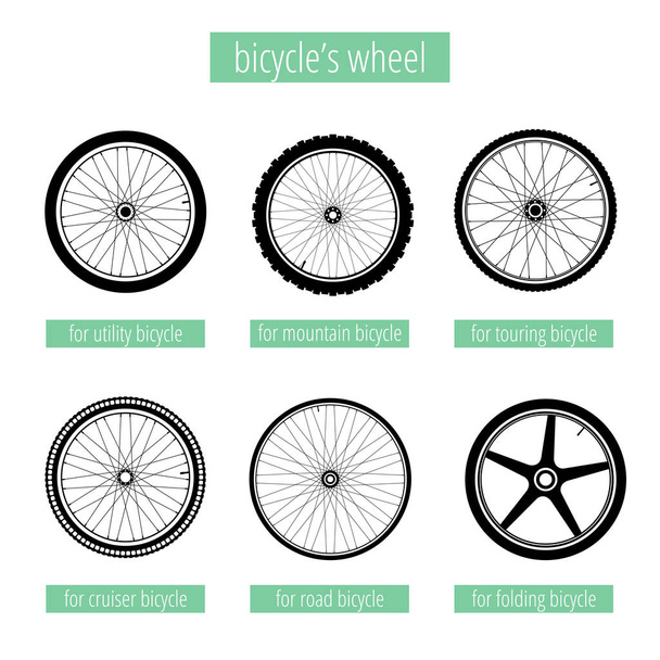 Types of bicycles wheels silhouettes - Vector, Image
