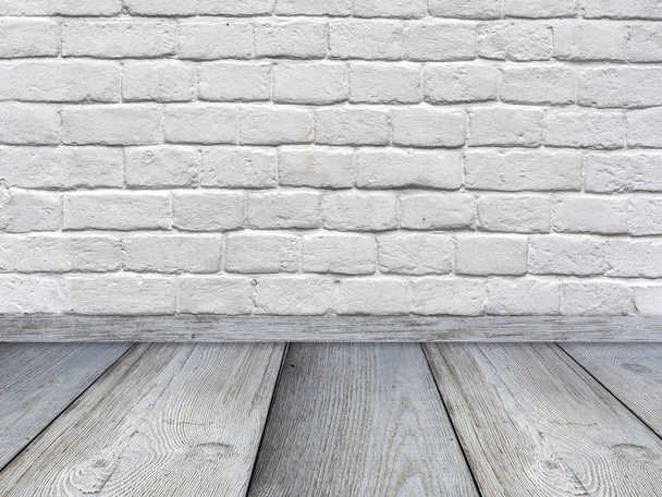 Parede de tijolo branco e piso de madeira cinza, interior
 - Foto, Imagem