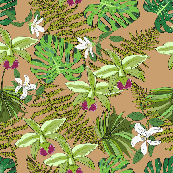 Seamless vector pattern of exotic vector drawn flowers and leaves. Tropical background. - Vector, Image