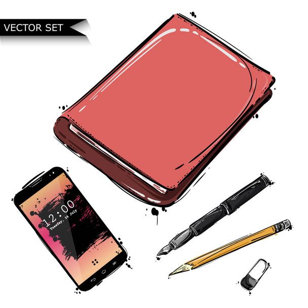 Vector abstract illustration with notebook, pencil, pen, stick a - Вектор, зображення