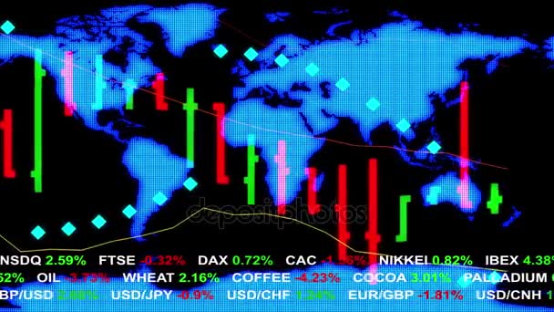 mercado de valores de divisas cuadro de ticker board y mapa holográfico de la tierra en el fondo - nueva calidad financiera negocio animado vídeo de movimiento dinámico
 - Metraje, vídeo