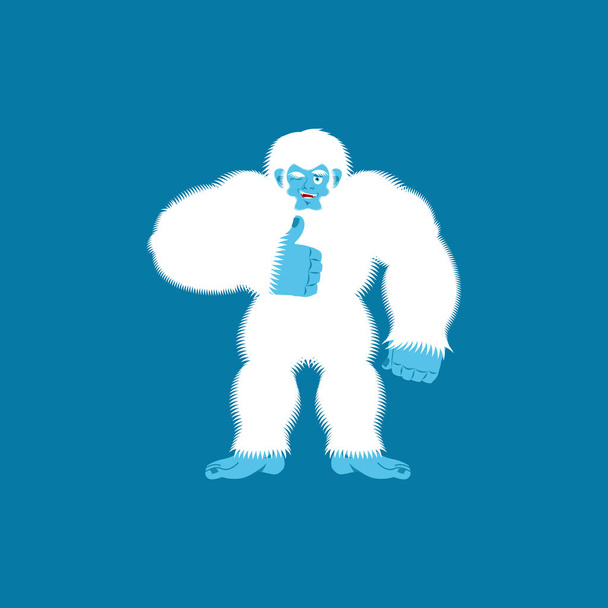 Yeti thumbs up. Bigfoot winks emoji. Abominable snowman cheerful - Vector, afbeelding