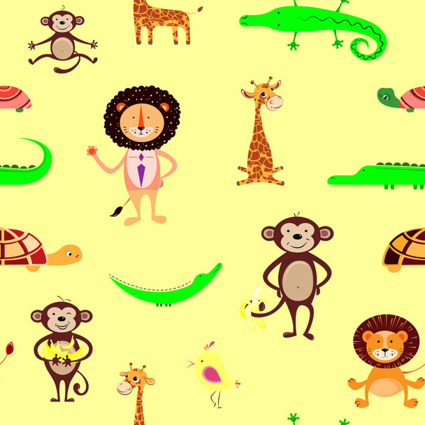 Vector seamless pattern with giraffe, crocodile, monkey, lion, t - Vector, Image