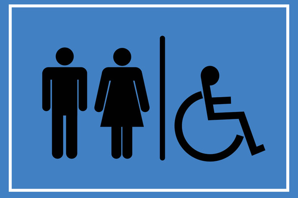 トイレはベクトル アイコンです。スタイルは丸みを帯びたフラット wc シンボル、黒い色、丸みを帯びた角、青い背景。女性および紳士の数字・身体障害者トイレの図が含まれます. - ベクター画像