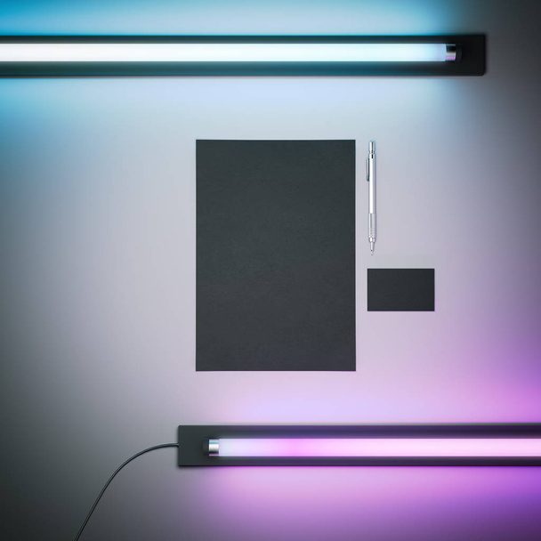 Two neon lamps and business mockup. 3d rendering - Photo, image