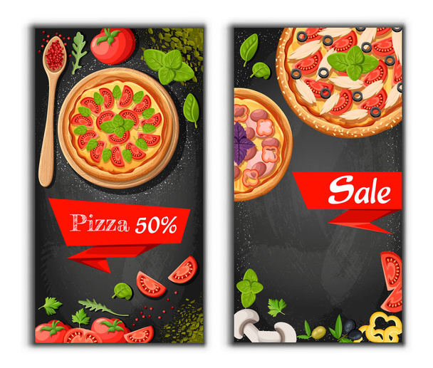 Pizza menu chalkboard cartoon background with fresh ingredients vector illustration Pizzeria flyer vector background. Two vertical banners with ingredients text on wooden background and blackboard. - Вектор, зображення