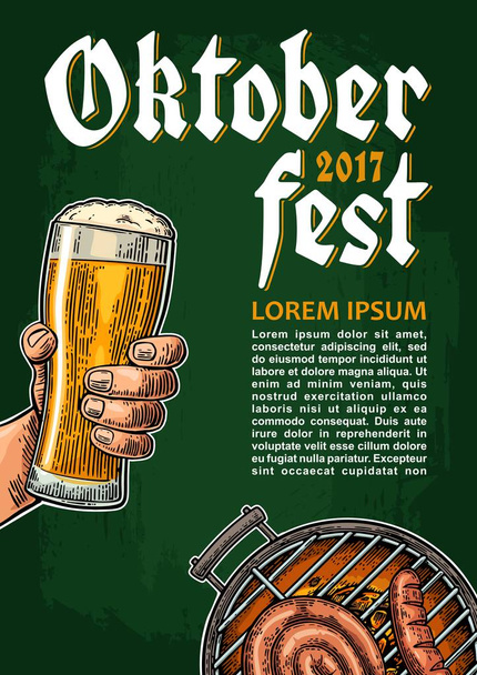 Mužské ruky držící pivní sklo a Barbecue gril. Oktoberfest festival. - Vektor, obrázek