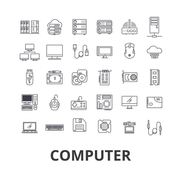 Computadora, computadora portátil, pantalla de computadora, tecnología, Internet, ratón, monitor, iconos de línea de red. Golpes editables. Diseño plano vector ilustración símbolo concepto. Signos lineales aislados
 - Vector, imagen