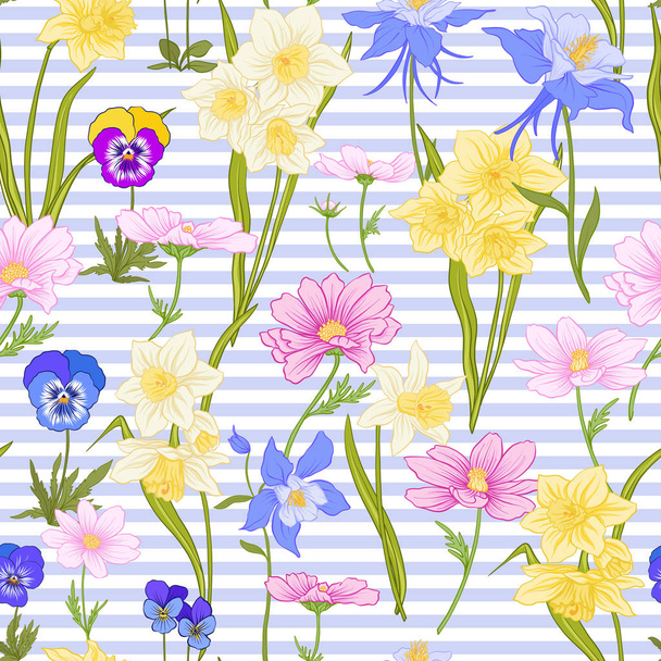 Seamless pattern with daffodils, anemones, violets in botanical - Вектор,изображение